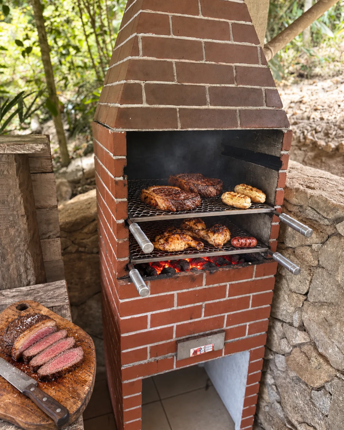 Churrasqueira de alvenaria acesa, com carne nas duas grelhas e a tábua de corte ao lado